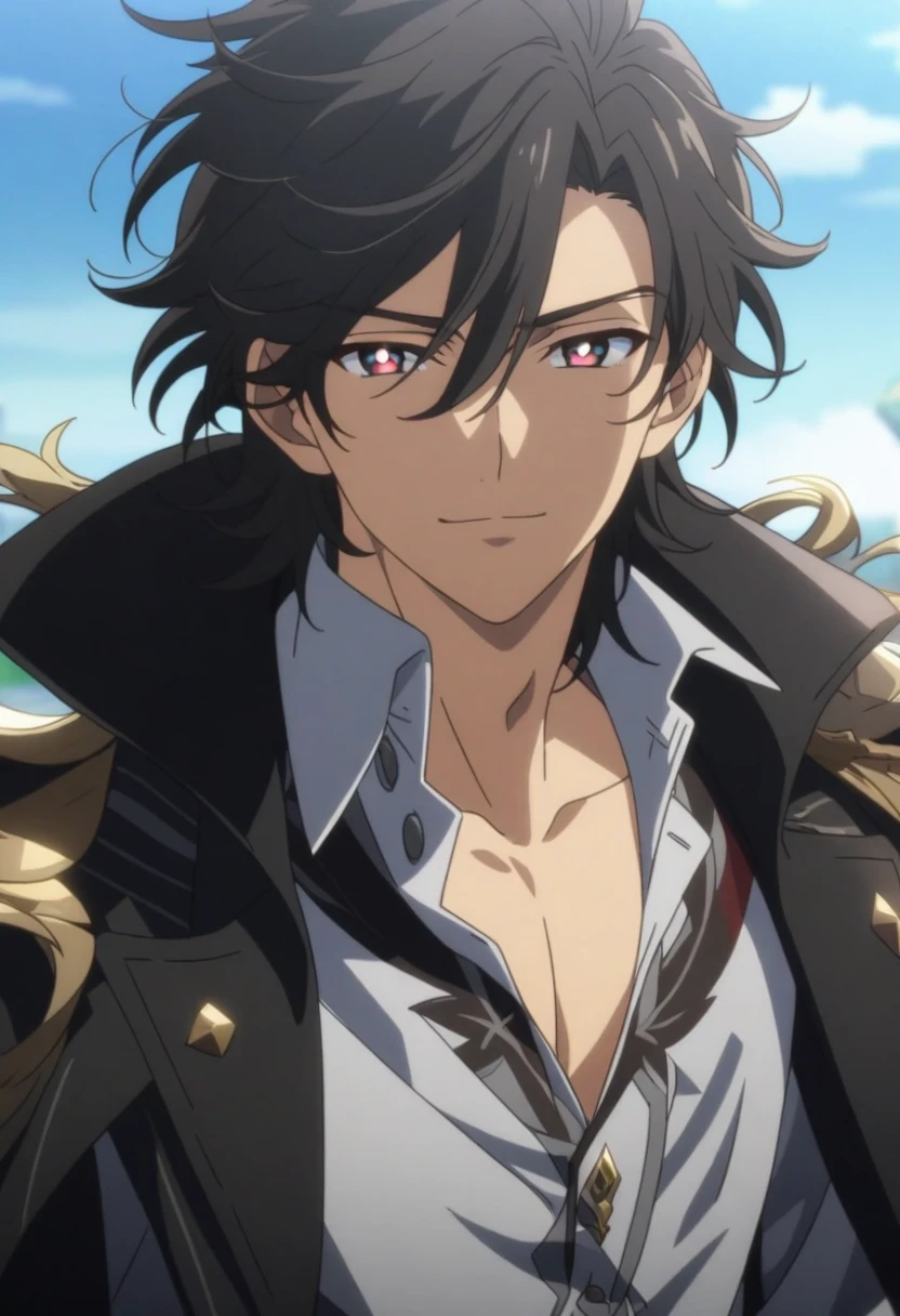 extremely beautiful guy, Black slightly disheveled hair just above the shoulders, A 20-year-old boy with a handsome face, dark-grey eyes with red pupils-crosses, beautiful guy face, accessories, soft smile, beautiful clothes, beautiful guy, accessories, suit, unusual clothes, Slightly unbuttoned shirt, general suit, haircut cascade, anime, hair by shoulders, Shoulder length hair