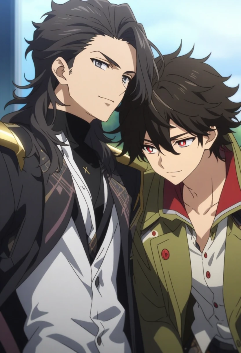 extremely beautiful guy, Black slightly disheveled hair just above the shoulders, A 20-year-old boy with a handsome face, dark-grey eyes with red pupils-crosses, beautiful guy face, accessories, soft smile, beautiful clothes, beautiful guy, accessories, suit, unusual clothes, Slightly unbuttoned shirt, general suit, haircut cascade, anime, hair by shoulders, Shoulder length hair