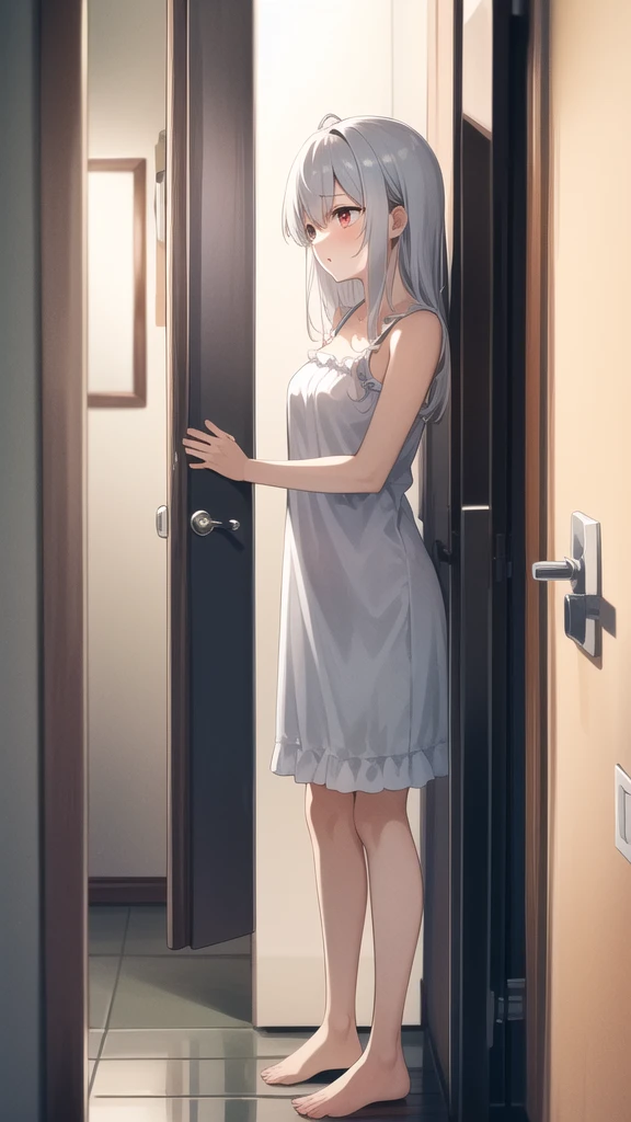 (masterpiece:1.2, best quality:1.1, highres,absurdres, high quality),(photorealistic:1.1),reflected light, colorful,ultra-detailed, ultra hd, super detailed,
yotsuya miko, open door, sleepwear, messy hair, white hair, red eyes,( open door):1.4, house, (sleepy), hallway, antenna hair, cowboy shot, 1girl, solo focus,