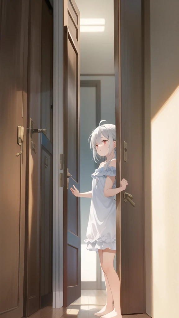 (masterpiece:1.2, best quality:1.1, highres,absurdres, high quality),(photorealistic:1.1),reflected light, colorful,ultra-detailed, ultra hd, super detailed,
yotsuya miko, open door, sleepwear, messy hair, white hair, red eyes,( open door):1.4, house, (sleepy), hallway, antenna hair, cowboy shot, 1girl, solo focus,