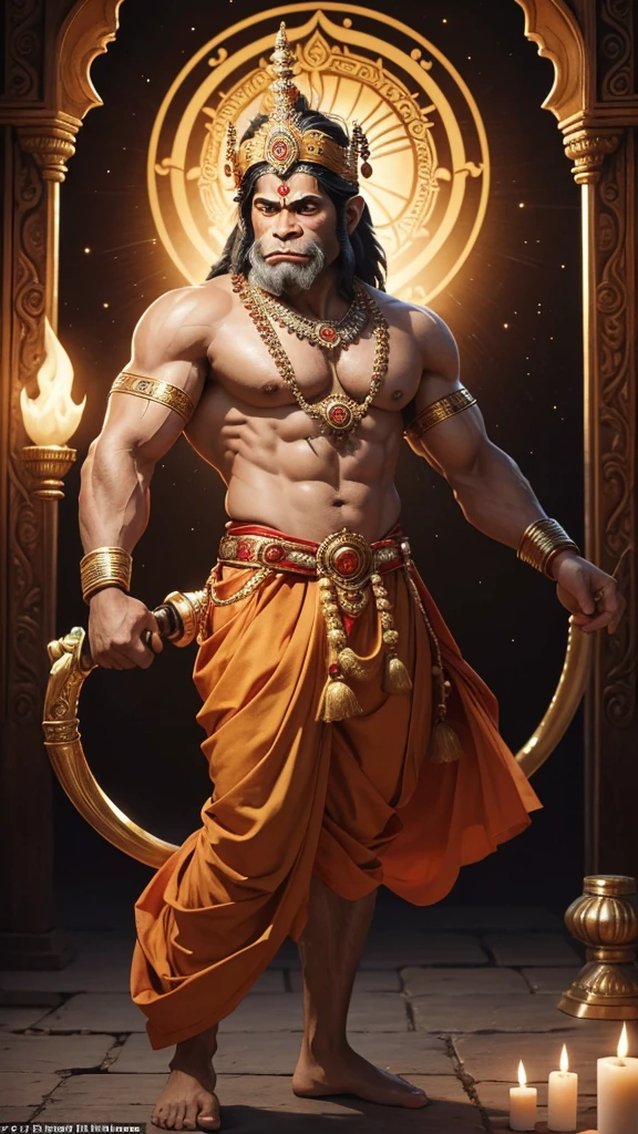 Hindu god sShree Hanuman Ji, a revered deity in Hindu mythology, is typically depicted with distinct and powerful attributes. Here’s a detailed description of his appearance:
1. **Physical Form**: Hanuman is often portrayed with a robust, muscular build, symbolizing his immense strength and agility. He has the body of a human but with a face that resembles that of a monkey, including a long tail.
2. **Facial Features**: His face is usually depicted with expressive, large eyes full of devotion and determination. He may have a gentle smile or a fierce expression, depending on the context of the depiction. His head is sometimes adorned with a small crown or a simple tuft of hair.
3. **Clothing and Accessories**: Hanuman is typically dressed in a dhoti, a traditional Indian garment. He often wears various ornaments such as armlets, bracelets, and anklets, signifying his divine status. A distinctive feature is the sacred thread (Yajnopavita) that he wears across his chest.
4. **Posture**: He is commonly shown in a dynamic pose, leaping or flying, reflecting his role as the messenger and warrior. In other representations, he may be depicted in a kneeling position, with folded hands, showing his devotion to Lord Rama.
5. **Weapons and Symbols**: Hanuman often holds a gada (mace), which is a symbol of his power and valor. In some images, he might be carrying a mountain, recalling the episode from the Ramayana where he brought the Sanjeevani herb to save Lakshmana.
6. **Aura and Halo**: Many depictions include a glowing halo around his head, indicating his divinity and purity. His aura often radiates with energy and vitality.
7. **Additional Attributes**: In some images, especially in temples, Hanuman is shown tearing open his chest to reveal an image of Lord Rama and Sita, symbolizing his unwavering devotion and the presence of divinity within him.
Overall, Shree Hanuman Ji is depicted as a figure of immense strength, unwavering devotion, and boundless energy, embod