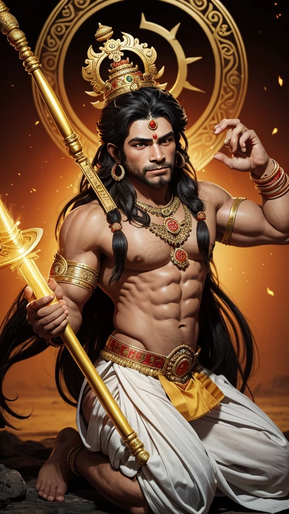 Hindu god sShree Hanuman Ji, a revered deity in Hindu mythology, is typically depicted with distinct and powerful attributes. Here’s a detailed description of his appearance:
1. **Physical Form**: Hanuman is often portrayed with a robust, muscular build, symbolizing his immense strength and agility. He has the body of a human but with a face that resembles that of a monkey, including a long tail.
2. **Facial Features**: His face is usually depicted with expressive, large eyes full of devotion and determination. He may have a gentle smile or a fierce expression, depending on the context of the depiction. His head is sometimes adorned with a small crown or a simple tuft of hair.
3. **Clothing and Accessories**: Hanuman is typically dressed in a dhoti, a traditional Indian garment. He often wears various ornaments such as armlets, bracelets, and anklets, signifying his divine status. A distinctive feature is the sacred thread (Yajnopavita) that he wears across his chest.
4. **Posture**: He is commonly shown in a dynamic pose, leaping or flying, reflecting his role as the messenger and warrior. In other representations, he may be depicted in a kneeling position, with folded hands, showing his devotion to Lord Rama.
5. **Weapons and Symbols**: Hanuman often holds a gada (mace), which is a symbol of his power and valor. In some images, he might be carrying a mountain, recalling the episode from the Ramayana where he brought the Sanjeevani herb to save Lakshmana.
6. **Aura and Halo**: Many depictions include a glowing halo around his head, indicating his divinity and purity. His aura often radiates with energy and vitality.
7. **Additional Attributes**: In some images, especially in temples, Hanuman is shown tearing open his chest to reveal an image of Lord Rama and Sita, symbolizing his unwavering devotion and the presence of divinity within him.
Overall, Shree Hanuman Ji is depicted as a figure of immense strength, unwavering devotion, and boundless energy, embod