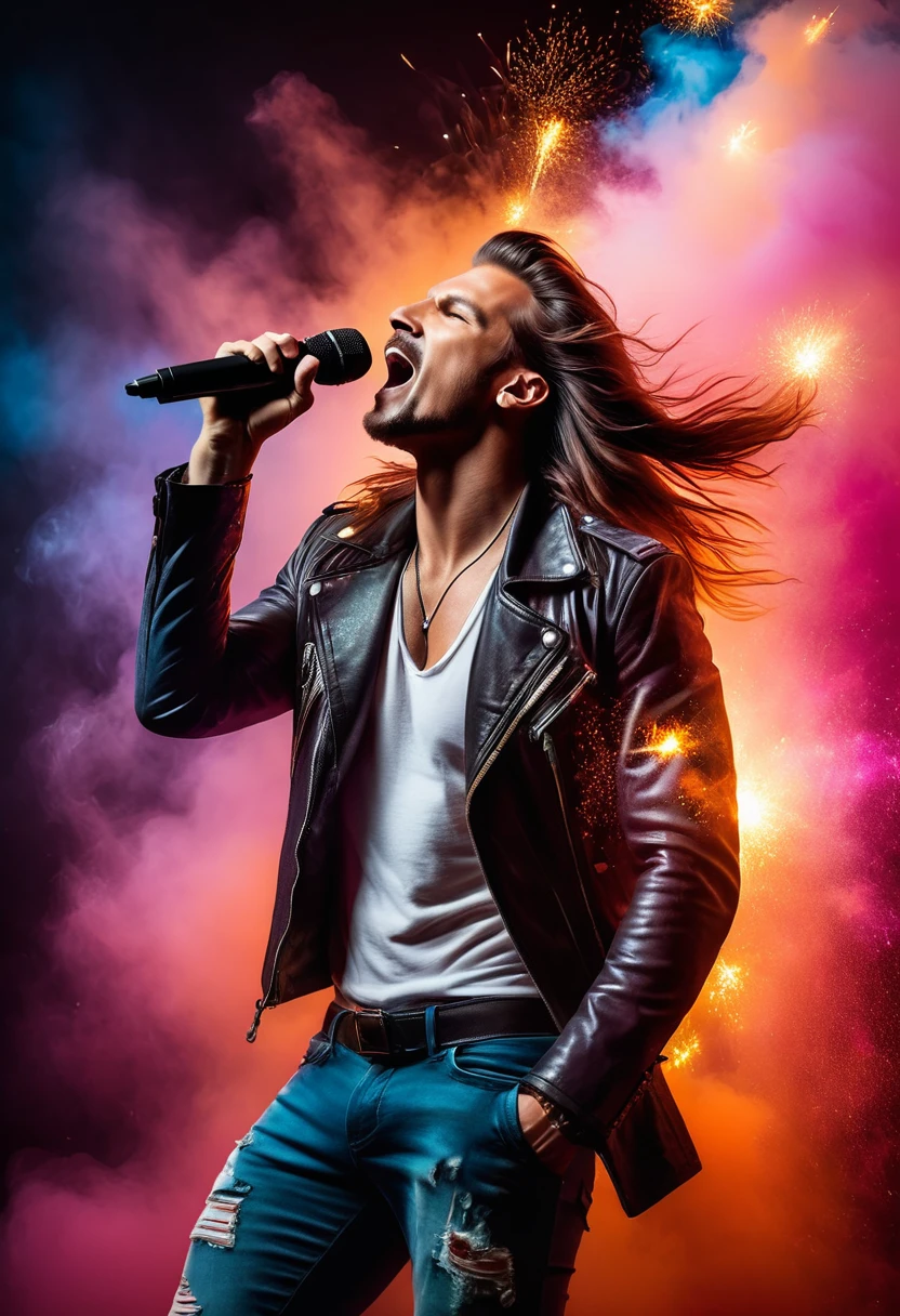 cyberpunk styled male artist (singer), (rockstar), long hair, brown hair, portrait, whole body, fist up, (best image quality,4K,8k,HD,Meisterwerk:1.2),Super detailliert,look into the camera, (lebensecht,lebensecht,lebensecht:1.37)。Kreative Tapetengestaltung,extremely beautiful,Buntes Konfetti explodiert wie Feuerwerk,(((young male singer,screaming in the mic,Buntes Konfetti spritzt aus dem Schlagzeug,Tanzen Sie zur Musikmelodie)))Energetische Bewegung,Dynamische und kraftvolle abstrakte Kunst,Bunt,Lebendige Regenbogenfarben,Cheerful and lively atmosphere,leuchtendes Orange,Rosa,Whimsical and dreamy,dunkler Hintergrund