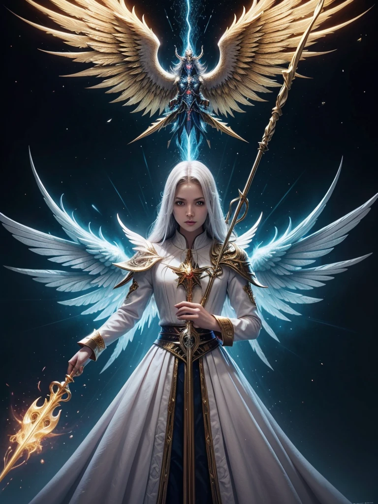 Archmage is a Master of the schools of magic, with access to powerful fire, ice and thunder spells, wearing white clothing with gold details and stylized wings. Arcane Staff is a long staff with a shiny gem at the top and floating magical effects