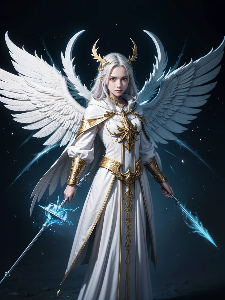 Archmage is a Master of the schools of magic, with access to powerful fire, ice and thunder spells, wearing white clothing with gold details and stylized wings. Arcane Staff is a long staff with a shiny gem at the top and floating magical effects
