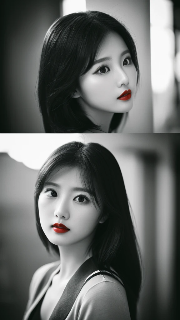 (((Black and white art:1.2、Black and white photography、RAW Photos、Film Grain)))、Beautiful woman、Small Nose、((Fuller lips、Sexy red lips:1.3))、Attractive hairstyle、skirt、Highest quality、High resolution、High resolution、Cinema Lighting、Black and white photography、Professional Photographer