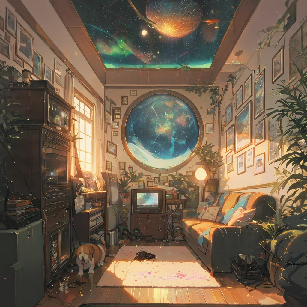 ((anime:1.4,illustration)),(masterpiece, top quality, best quality),(ultra-detailed, absolutely resolution),((16k, high res)), (((Interior, small living room, planetarium on the whole ceiling, boy and dog looking up)) ((cosy lofi illustration:1.4)), ((anime:1.4, illustration)),(masterpiece, top quality, best quality),(ultra-detailed, absolutely resolution),((16k, high res)) BREAK {lofi art, style of Laurie Greasley, style of Makoto Shinkai, anime aesthetic}, BREAK { (produces images with information than 40 million pixels with cinematic-like detailed textures shot on a Sony SLR).}
