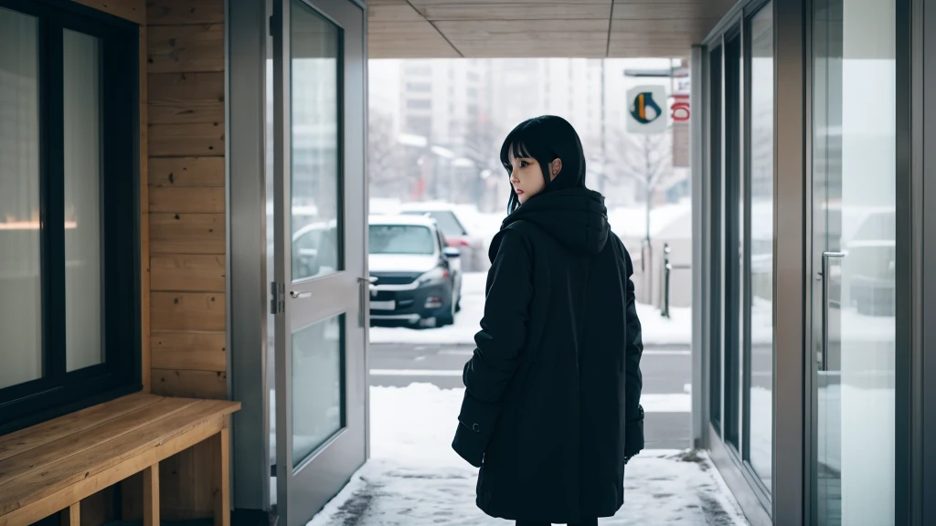 A black-haired girl stands with a lonely look on her face, with her back to the entrance of the building. full body forward, Winter clothing There's a little bit of snow around Japanese Landscape Realistic Style