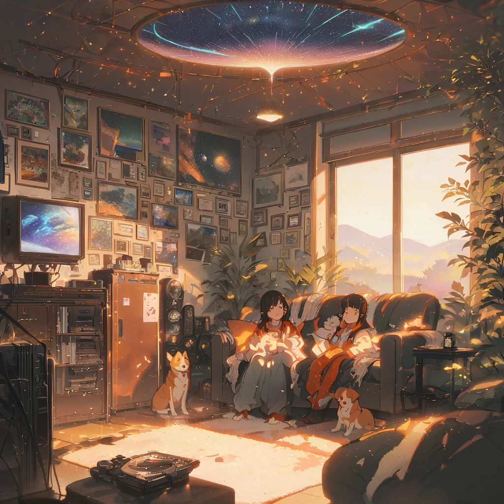 ((anime:1.4,illustration)),(masterpiece, top quality, best quality),(ultra-detailed, absolutely resolution),((16k, high res)), (((Interior, small living room, planetarium on the whole ceiling, boy and dog looking up)) ((cosy lofi illustration:1.4)), ((anime:1.4, illustration)),(masterpiece, top quality, best quality),(ultra-detailed, absolutely resolution),((16k, high res)) BREAK {lofi art, style of Laurie Greasley, style of Makoto Shinkai, anime aesthetic}, BREAK { (produces images with information than 40 million pixels with cinematic-like detailed textures shot on a Sony SLR).}