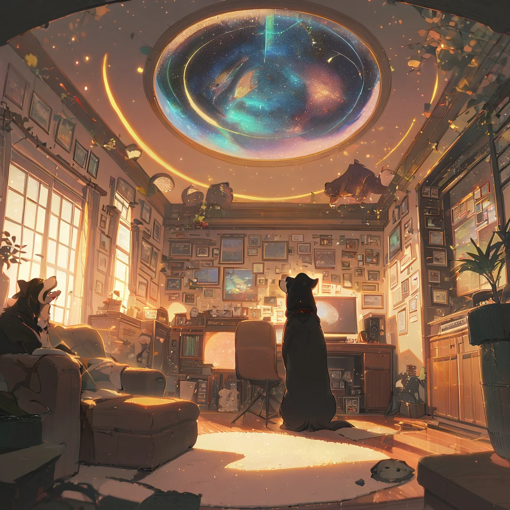 ((anime:1.4,illustration)),(masterpiece, top quality, best quality),(ultra-detailed, absolutely resolution),((16k, high res)), (((Interior, small living room, planetarium on the whole ceiling, boy and dog looking up)) ((cosy lofi illustration:1.4)), ((anime:1.4, illustration)),(masterpiece, top quality, best quality),(ultra-detailed, absolutely resolution),((16k, high res)) BREAK {lofi art, style of Laurie Greasley, style of Makoto Shinkai, anime aesthetic}, BREAK { (produces images with information than 40 million pixels with cinematic-like detailed textures shot on a Sony SLR).}