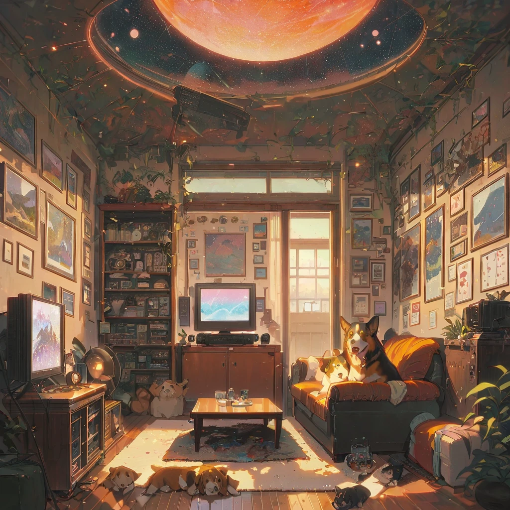 ((anime:1.4,illustration)),(masterpiece, top quality, best quality),(ultra-detailed, absolutely resolution),((16k, high res)), (((Interior, small living room, planetarium on the whole ceiling, boy and dog looking up)) ((cosy lofi illustration:1.4)), ((anime:1.4, illustration)),(masterpiece, top quality, best quality),(ultra-detailed, absolutely resolution),((16k, high res)) BREAK {lofi art, style of Laurie Greasley, style of Makoto Shinkai, anime aesthetic}, BREAK { (produces images with information than 40 million pixels with cinematic-like detailed textures shot on a Sony SLR).}