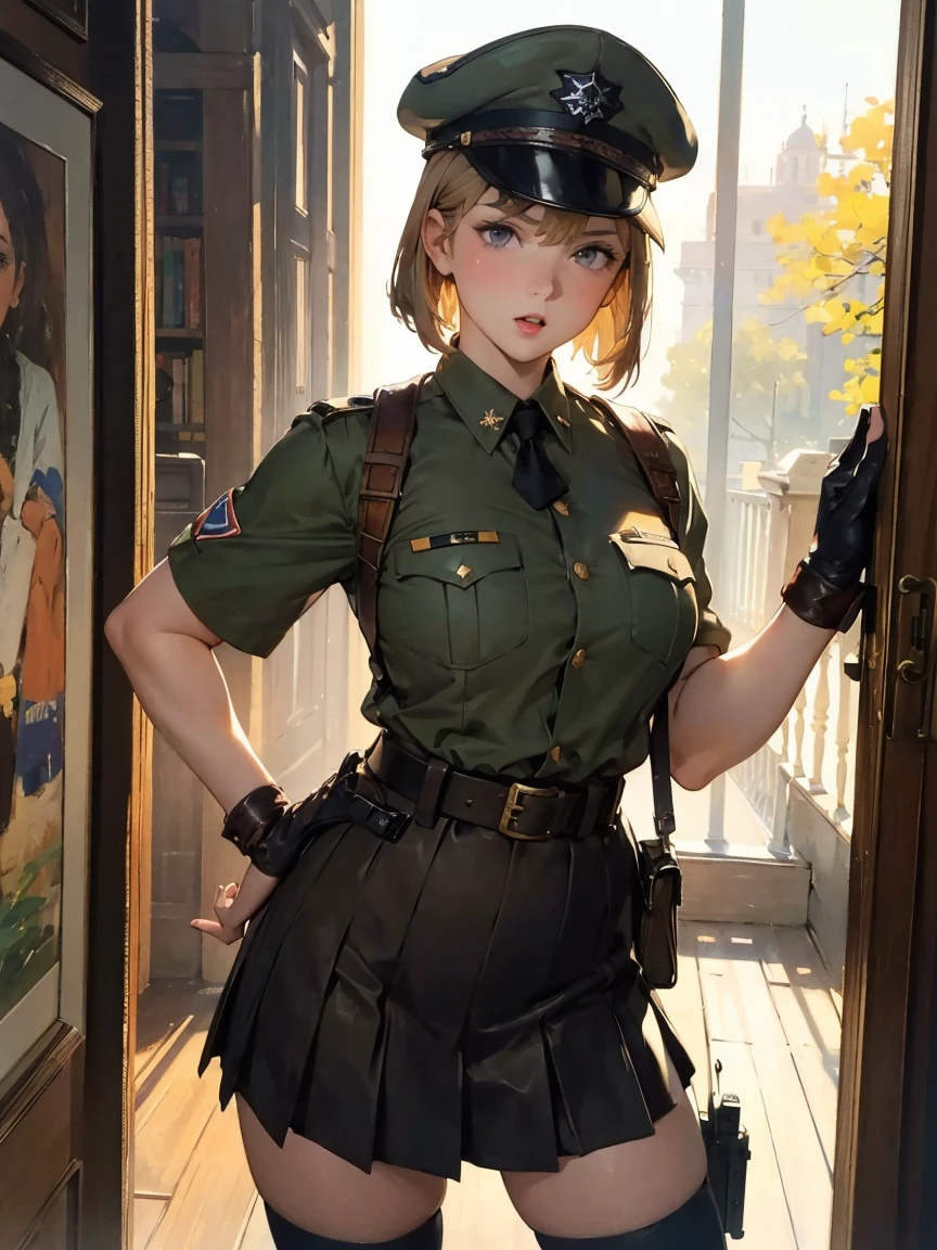 masterpiece, best quality, highres
solo, 1girl, cowboy shot, :o
p38 \(girls' frontline\), p38original, brown hair, purple eyes, (garrison cap:1.2), military uniform, short sleeves, pleated skirt, belt pouch, iron cross medal, thighhighs, holding gun, handgun, walther art by (Carl Larsson:1.2),(post-Impressionist),,((oil painting)),soft lighting,COOL,cammy sf6, 1girl,solo,blonde hair, short hair,Absurd resolution, A high resolution, (tmasterpiece:1.4), ((gigantic braests)), ultra - detailed, 1girll, brown color eyes, cabelos preto e longos,Wear a police uniform and a short skirt, the city street,sexyposture, The camera is close to the body