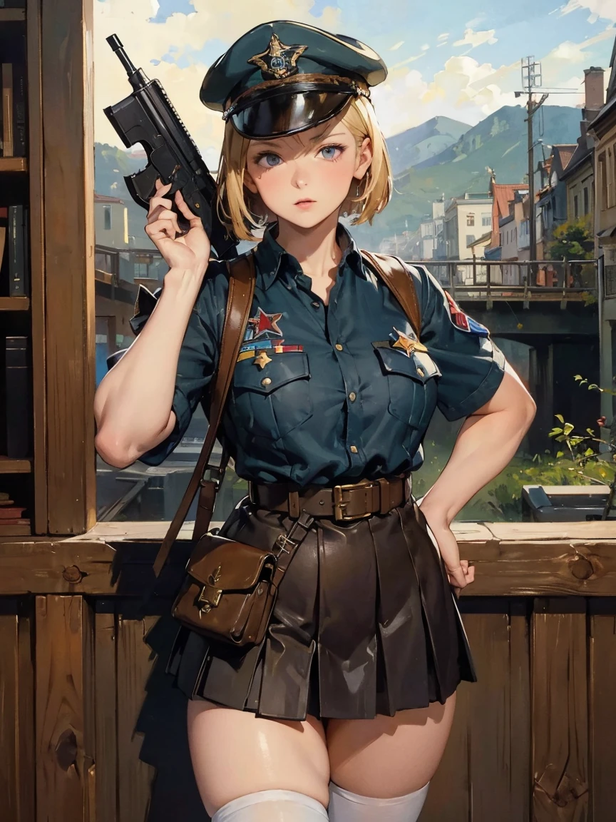 masterpiece, best quality, highres 
solo, 1girl, cowboy shot, :o
p38 \(girls' frontline\), p38original, brown hair, purple eyes, (garrison cap:1.2), military uniform, short sleeves, pleated skirt, belt pouch, iron cross medal, thighhighs, holding gun, handgun, walther　　art by (Carl Larsson:1.2),(post-Impressionist),,((oil painting)),soft lighting,COOL,cammy sf6, 1girl,solo,blonde hair, short hair,Absurd resolution, A high resolution, (tmasterpiece:1.4), ((gigantic braests)), ultra - detailed, 1girll, brown color eyes, cabelos preto e longos，Wear a police uniform and a short skirt, the city street,sexyposture, The camera is close to the body