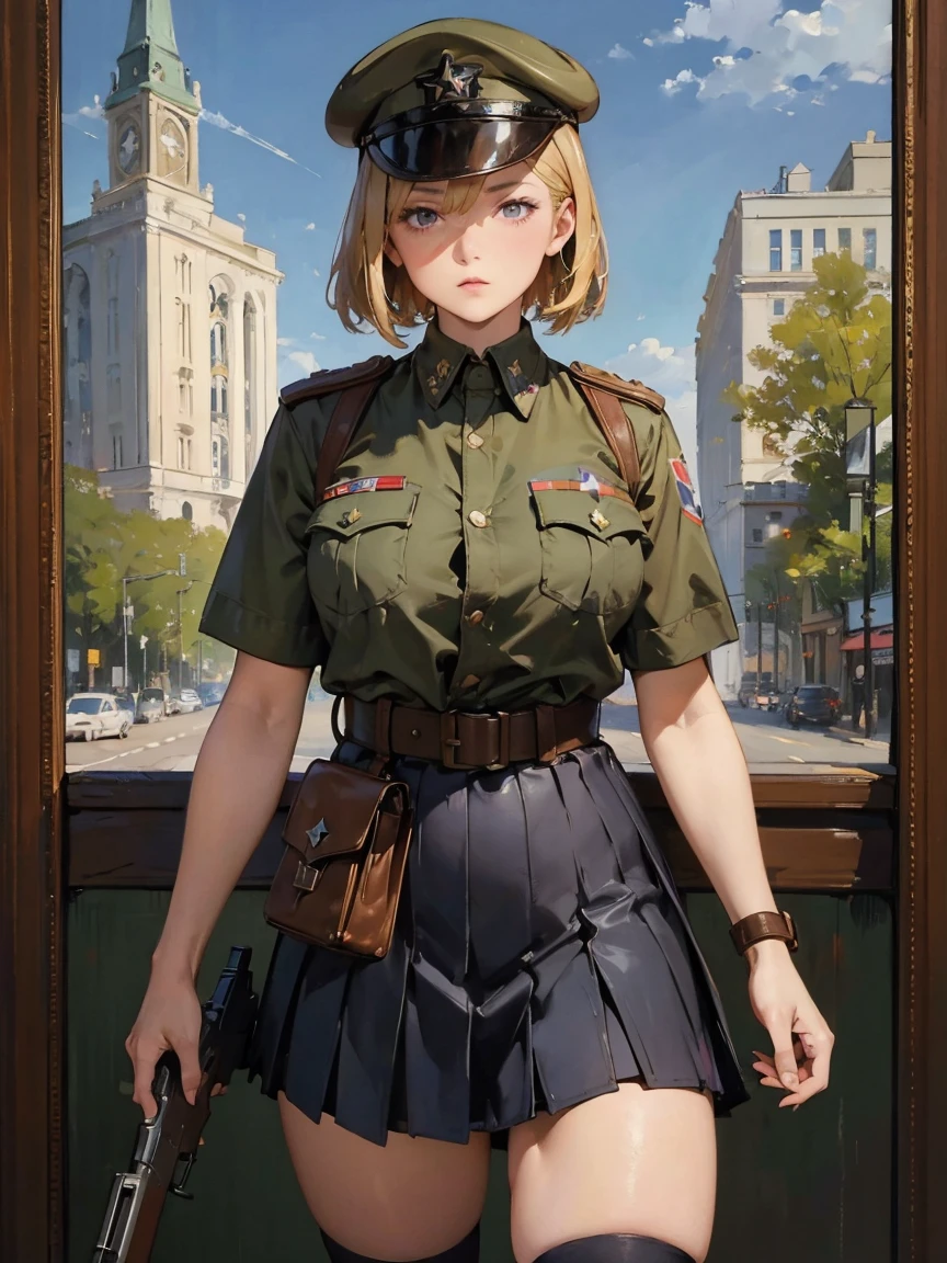 masterpiece, best quality, highres 
solo, 1girl, cowboy shot, :o
p38 \(girls' frontline\), p38original, brown hair, purple eyes, (garrison cap:1.2), military uniform, short sleeves, pleated skirt, belt pouch, iron cross medal, thighhighs, holding gun, handgun, walther　　art by (Carl Larsson:1.2),(post-Impressionist),,((oil painting)),soft lighting,COOL,cammy sf6, 1girl,solo,blonde hair, short hair,Absurd resolution, A high resolution, (tmasterpiece:1.4), ((gigantic braests)), ultra - detailed, 1girll, brown color eyes, cabelos preto e longos，Wear a police uniform and a short skirt, the city street,sexyposture, The camera is close to the body