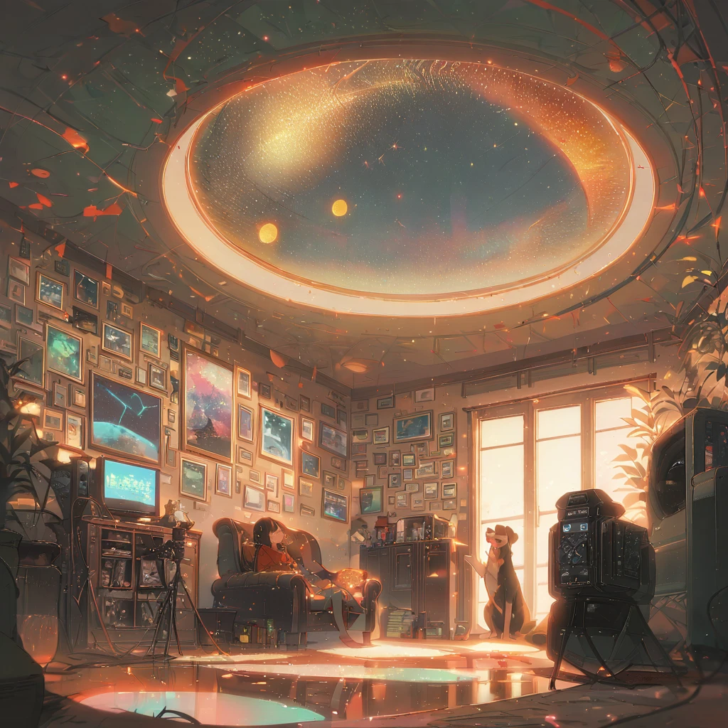 ((anime:1.4,illustration)),(masterpiece, top quality, best quality),(ultra-detailed, absolutely resolution),((16k, high res)), (((Interior, small living room, planetarium on the whole ceiling, boy and dog looking up)) ((cosy lofi illustration:1.4)), ((anime:1.4, illustration)),(masterpiece, top quality, best quality),(ultra-detailed, absolutely resolution),((16k, high res)) BREAK {lofi art, style of Laurie Greasley, style of Makoto Shinkai, anime aesthetic}, BREAK { (produces images with information than 40 million pixels with cinematic-like detailed textures shot on a Sony SLR).}