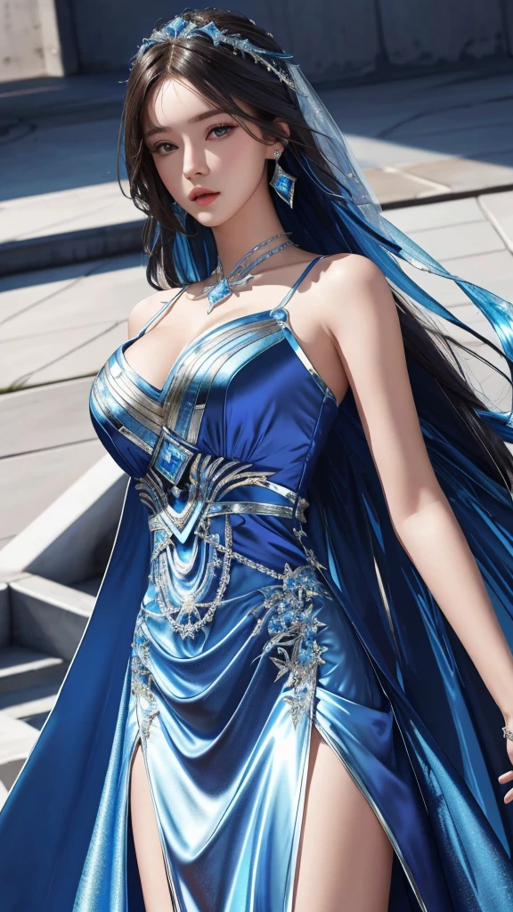 Ultra hd, 8k quality, a girl, (Beautiful face:1.3), very long hair, blue dress, (shining dress:1.5), detailed eyes, front capture, unreal engine 5, Perfect body,