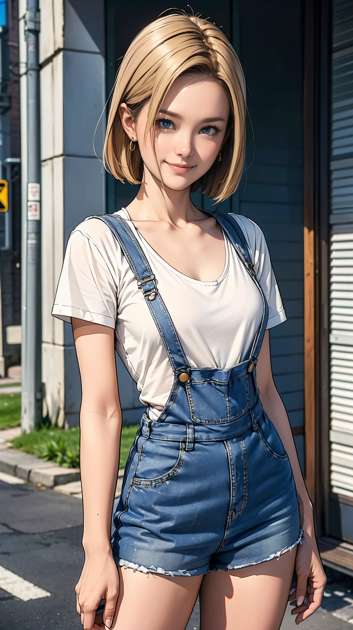 ((masterpiece)),(((Highest quality))),((Character design sheet)),Thin thighs,Long legs,Android 18, alone, Blonde, blue eyes, short hair, Cute smile,Earrings, jewelry, Medium Milk,Clean your hands, Wear denim fabric overalls, No shirt,Photo of slim girl model, Close-up body shot,street, (External dilated chest: 1.2)