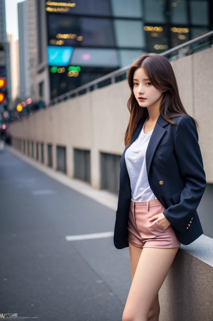 the most beautiful face of a 17 year old actress, perfect proportions of female body, blazer is worn on shirt, female crotch between bare legs, in the city, standing, nsfw, best quality, highly detailed, masterpiece, ultra high res, photo realistic, 8k