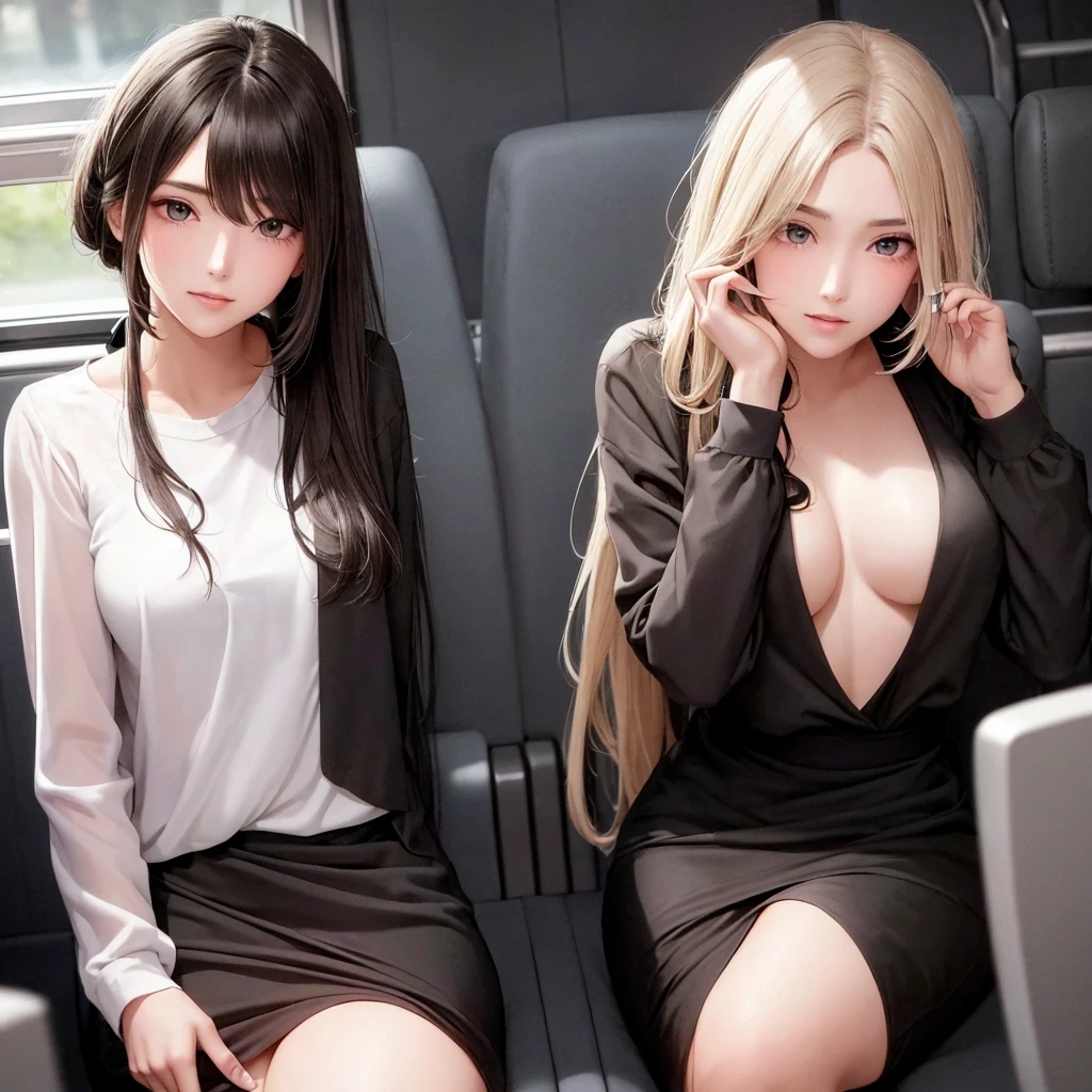 One girl sitting across the aisle on the bus, She has long, dark hair that she often ties up in a ponytail, and gentle brown eyes. She is tall and skinny, with a graceful and elegant bearing. Next to her is one boy, He has bright yellow hair. He has a lean build and stands at an average height. His hair is styled in a slightly messy, tousled manner, giving him a lively and energetic appearance. He has almond-shaped eyes that are dark brown.