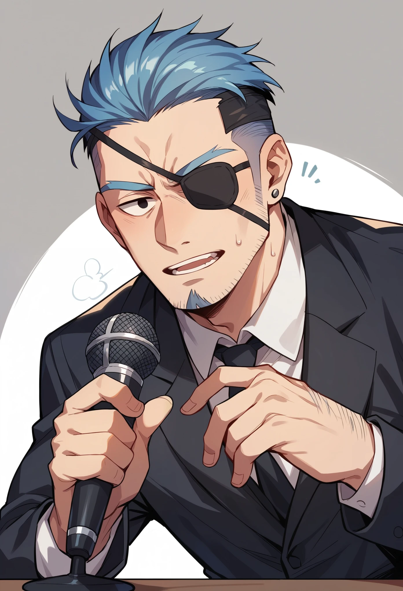 best quality, masterpiece, 2.5D, middle-aged Asian man with slicked back hair, (black eye patch), black suit, talking with microphone, background light blue