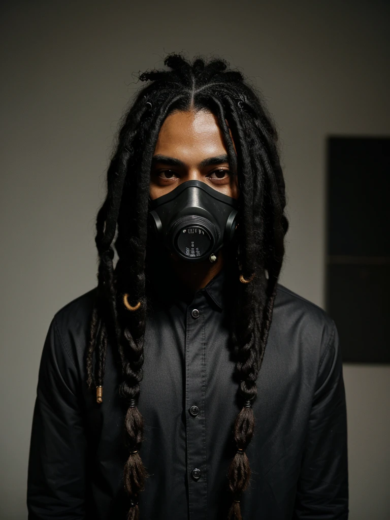 an eye contact of a black hair with long dreads and dark theme black man gas mask