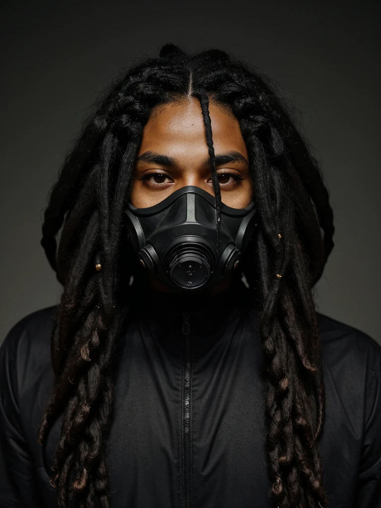 an eye contact of a black hair with long dreads and dark theme black man gas mask
