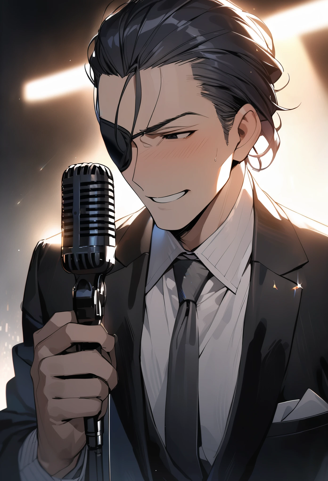 best quality, masterpiece, 2.5D, middle-aged Asian man with slicked back hair, (black eye patch), black suit, talking with microphone, background light blue