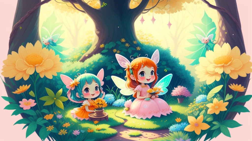 Dreamy garden, trees, flowers, Cute  s, light colors hair, blue eyes, Gossamer,illustration, A masterpiece in bright light, stunning art! The art of magic, fairy tale artwork, inspiring art, exquisite artwork high quality、masterpiece、Sparkling fairies、Lots of fairies、Five Fairies(Pink Fairy、Yellow Fairy、Orange Fairy、Green Fairy、Light Blue Fairy)、They are playing happily)、In a beautiful forest、playing、fun、Open your mouth、smile