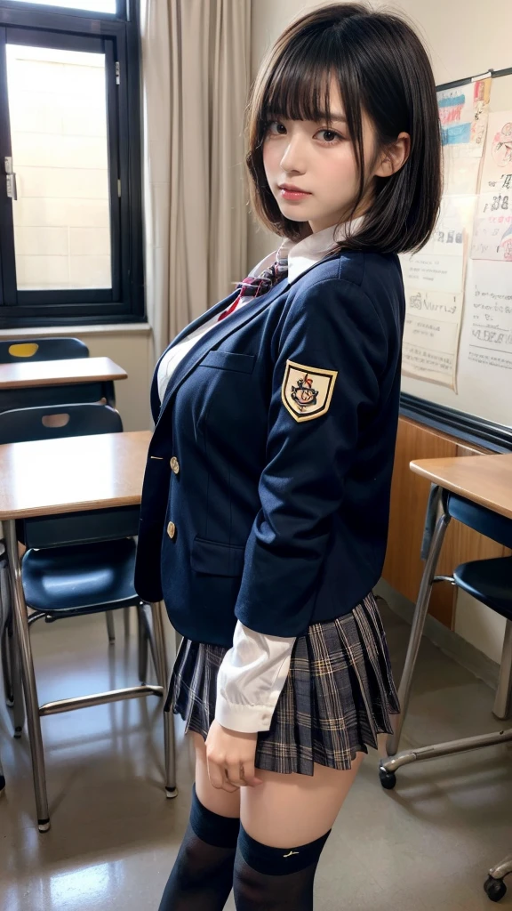 masterpiece, best quality, illustration, Super detailed, fine details, High resolution, 8K,wall paper, perfect dynamic composition,(Details High quality, realistic depiction of eyes:1.3), from side, High School Classroom、High school girl uniform、blazer 、Super Short Check Uniform Skirt、Navy blue high socks、garterbelts、Large swollen breasts, Disturbed uniform,  short bob hair, black hair color, huge breasts, Big Natural Color Lip, bold sexy pose, perfect body shape, crying a little、Harajuku style、20 year old girl、cute type, beautiful legs, hposing Gravure Idol