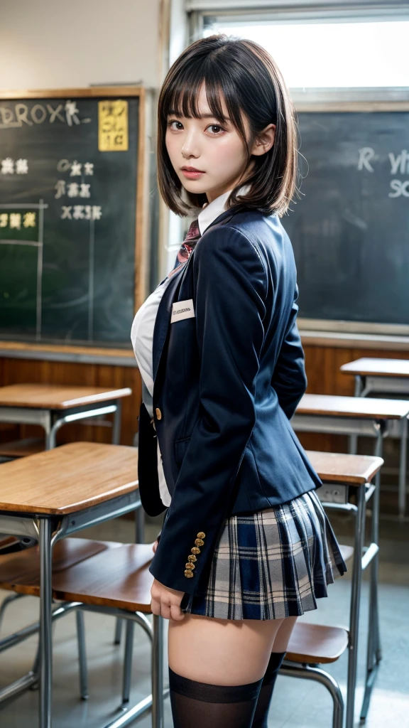 masterpiece, best quality, illustration, Super detailed, fine details, High resolution, 8K,wall paper, perfect dynamic composition,(Details High quality, realistic depiction of eyes:1.3), from side, High School Classroom、High school girl uniform、blazer 、Super Short Check Uniform Skirt、Navy blue high socks、garterbelts、Large swollen breasts, Disturbed uniform,  short bob hair, black hair color, huge breasts, Big Natural Color Lip, bold sexy pose, perfect body shape, crying a little、Harajuku style、20 year old girl、cute type, beautiful legs, hposing Gravure Idol