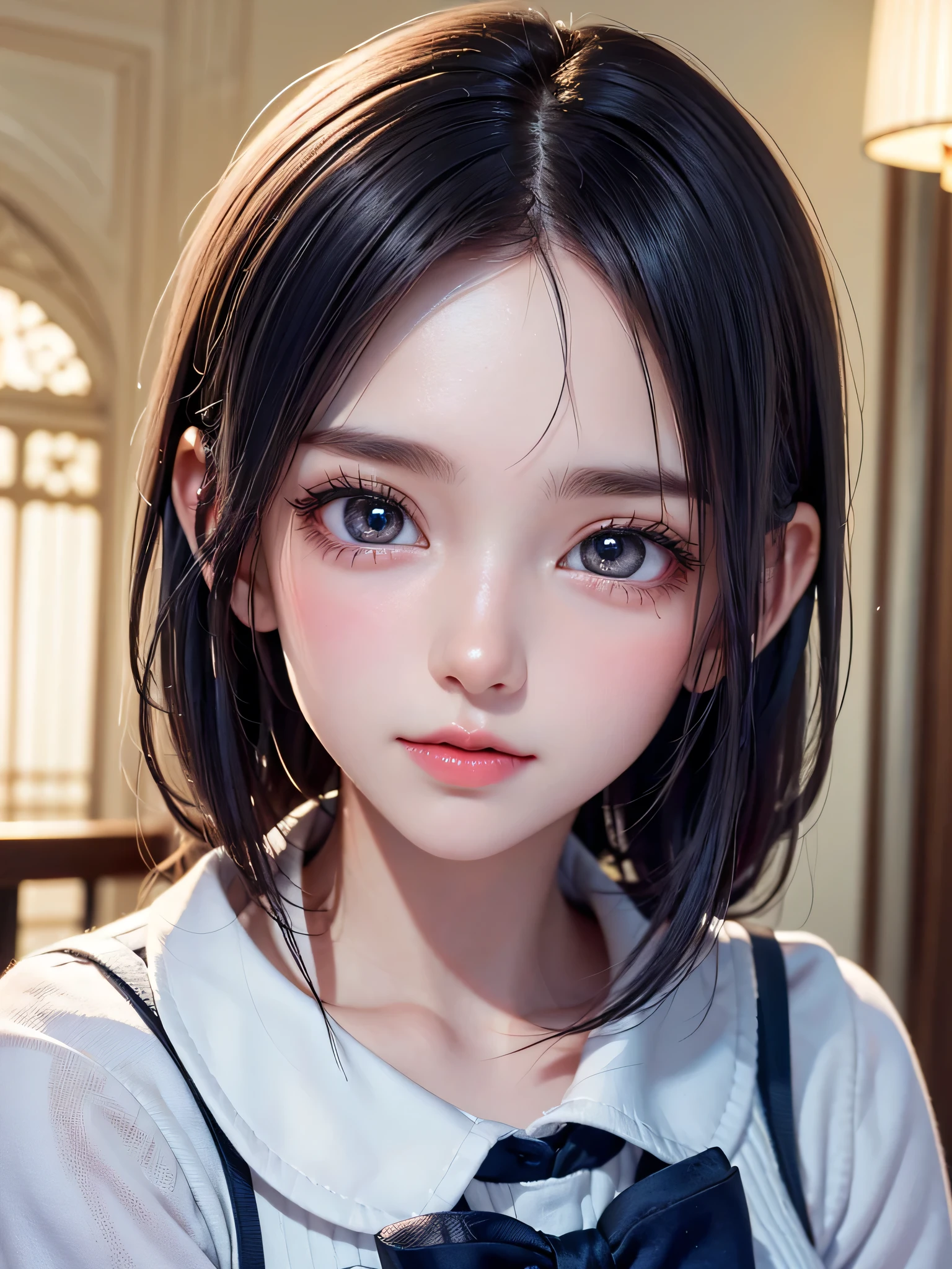 One Girl，(One very cute girl:1.3)，masterpiece，highest quality，High resolution，Photorealistic，RAW Photos，Ray Tracing，beautiful girl，(15 years old:1.3)，cute，Big eyes，(detailed pupils:1.2)，(The face is facing straight ahead:1.3)，Body facing forward，Beautiful nose，Fuller lips，Short black hair，ponytail，short hair，Detailed eyelashes，Thin eyebrows，Very fine grain definition，(Symmetrical eyes:1.3)，(Face close-up，Face Focus:1.0)，White and navy blue sailor suit，，Portrait，View Viewer，Small breasts，Cinema Lighting，High resolution，Very detailed