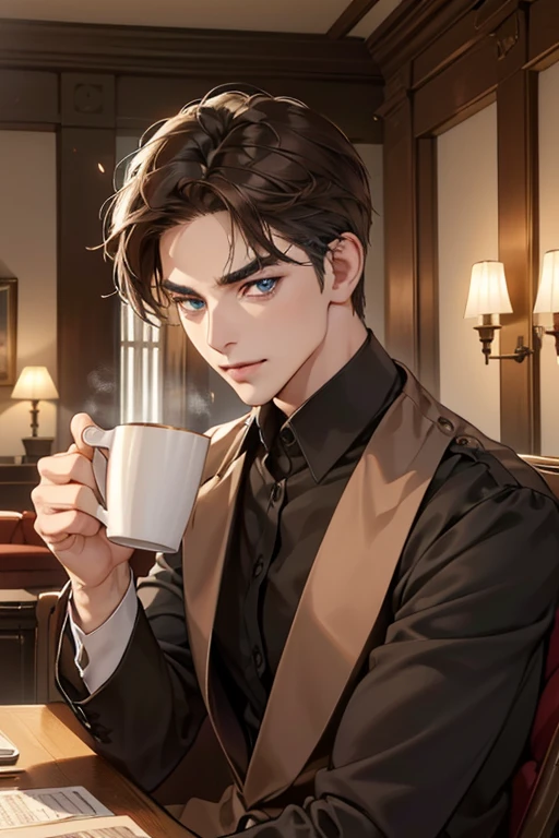 (masutepiece, Digital Art, Digital Illustration, 4K, 8K, Ultra-detailed, beautiful image, Sharp Image, Photorealistic, Raw photo, Perfect face, Perfect lines, Perfect blue eyes, Soft lighting) 1 male human, (A dark-haired,of hair between the eyes,2 blocks long,short-hair,Slippery brown hair,deadpan,Lowered eyebrows,Parallel eyebrows,Narrow-eyed,drooing eyes,Denming Section,kindly smile,ember,40 years old:1.3),Handsome men, (ember,Man in a suit,Thin macho,Firm shoulder width,Adult male:1.2),Antique furniture,Antique sofa,Leather sofa,Antique table,aroma Candle,fantastical light,candelabra,At work,Sleepy face,Frantically opening your eyes,Troubled face,Beautiful eyebrows,Chunky jaws,Wrinkles at the corners of the eyes,coffee break,drinking a cup of coffee,mug cup,