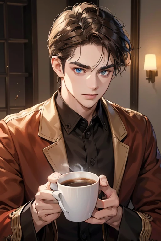 (masutepiece, Digital Art, Digital Illustration, 4K, 8K, Ultra-detailed, beautiful image, Sharp Image, Photorealistic, Raw photo, Perfect face, Perfect lines, Perfect blue eyes, Soft lighting) 1 male human, (A dark-haired,of hair between the eyes,2 blocks long,short-hair,Slippery brown hair,deadpan,Lowered eyebrows,Parallel eyebrows,Narrow-eyed,drooing eyes,Denming Section,kindly smile,ember,40 years old:1.3),Handsome men, (ember,Man in a suit,Thin macho,Firm shoulder width,Adult male:1.2),Antique furniture,Antique sofa,Leather sofa,Antique table,aroma Candle,fantastical light,candelabra,At work,Sleepy face,Frantically opening your eyes,Troubled face,Beautiful eyebrows,Chunky jaws,Wrinkles at the corners of the eyes,coffee break,drinking a cup of coffee,mug cup,