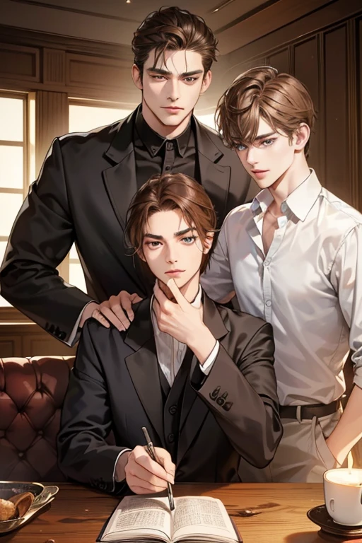 (masutepiece, Digital Art, Digital Illustration, 4K, 8K, Ultra-detailed, beautiful image, Sharp Image, Photorealistic, Raw photo, Perfect face, Perfect lines, Perfect blue eyes, Soft lighting) 1 male human, (A dark-haired,of hair between the eyes,2 blocks long,short-hair,Slippery brown hair,deadpan,Lowered eyebrows,Parallel eyebrows,Narrow-eyed,drooing eyes,Denming Section,kindly smile,ember,40 years old:1.3),Handsome men, (ember,Man in a suit,Thin macho,Firm shoulder width,Adult male:1.2),Antique furniture,Antique sofa,Leather sofa,Antique table,aroma Candle,fantastical light,candelabra,At work,Sleepy face,Frantically opening your eyes,Troubled face,Beautiful eyebrows,Chunky jaws,Wrinkles at the corners of the eyes,coffee break,drinking a cup of coffee,mug cup,