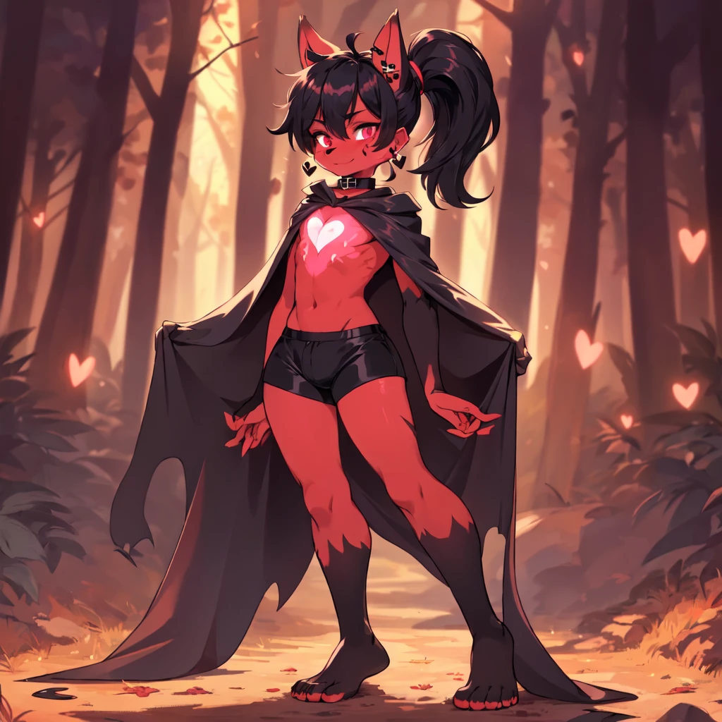 (furry:1.2), rabbit male, pink eyes, red skin, black hair, cute, ultra cute face, black hair, short hair ponytail, ears covered by hair black hand, bunny feet black feet, bare feet, Heart-shaped mark on chest, (ultra detailed), shy, soft, (detailed fur:1.2), beautiful lights and shadows, sharp focus, looking at viewer, (body fur:1.2), (masterpiece), demon elements on body, (Depth of Field), (detail), red hairpin, earrings, rubber collar, dolphin shorts, bulge, cloak, nude, with rich contrasting tones of black and red, handsome, normal body type, Acting cute, standing in the forest, light magic, girly act, ((solo, The only person)), full body