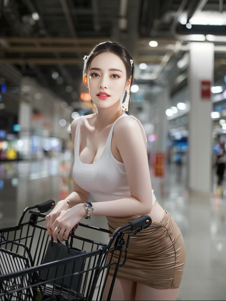 There was a woman standing next to a wheelchair wearing a white collar., Big tits,Dilraba Dilmurat, Wen Fei Ye, Hyper real photos, Appearing in a shopping mall,
