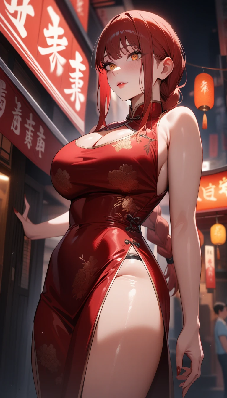 1girl,solo,makima \(chainsaw man\), chainsaw man,super detailed skin,shiny skin,seductive look ,eyelashes,lips gloss,red hair,sidelocks,a braid, large breasts,cleavage cutout,slit,cheongsam,Chinatown ,off-street,from side,from below,masterpiece,best quality,ultra detailed,high resolution,sharp focus