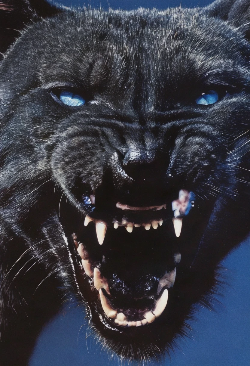 giant angry cat at night, blue background