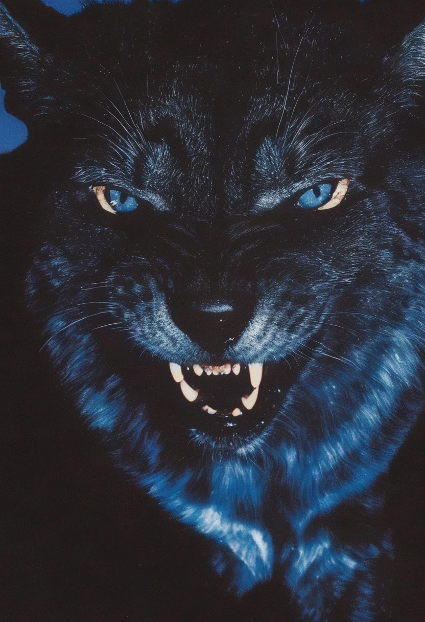 giant angry cat at night, blue background
