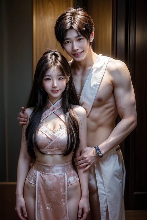 A handsome Asian man and a young Korean woman make love, age difference, age difference, giant size, Chinese period costumes, Chinese traditional hair, ((người đàn ông 18 years old, nude, muscle, smiling face, 6-pack abs, broad shoulders, eo hẹp, ((His face resembles a Korean male idol)), hug the girl from behind, touching the girl's chest, naked, kiểu Chinese traditional hair), ((25 tuổi sexy young girl, naked small size and skinny, kiểu Chinese traditional hair, ngực f cup, face red because of embarrassment, tư thế tình dục, kiss, âm đạo hồng hào, nude, biểu cảm frightened, blush, Stick out tongue, eyes widened with joy)), 18 years old, A young girl, bed, Face details, thực tế, ngực, nude, tình dục, large chest groove, small areola, Body, happy expression, blush, sweat, wet stabbing, semen, frightened