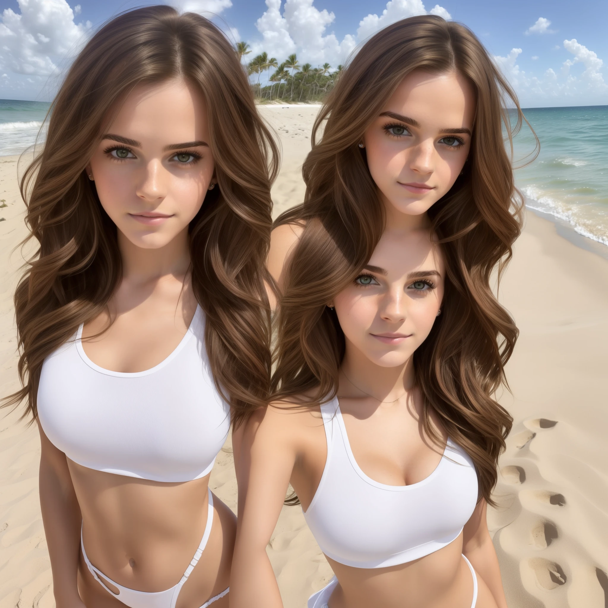 A 19-year-old brunette girl, ((pechos medios)), ((hiperrealismo)), brunette hair with blond highlights. Brown hair, pelo batido de rubio, pelo largo, pelo muy largo, pelo extra largo, Beautiful, Front view, selfie, photo taken with iPhone, sexy white tank top, escotada, selfie in the beach, high quality, selfie iPhone, sultry expression
((qualidade excepcional)), ((obra-prima)), ((true to reality)), Emma Watson as Hermione Granger, (((corpo inteiro))), (pose seductora), Tiny, Imagen centralizada