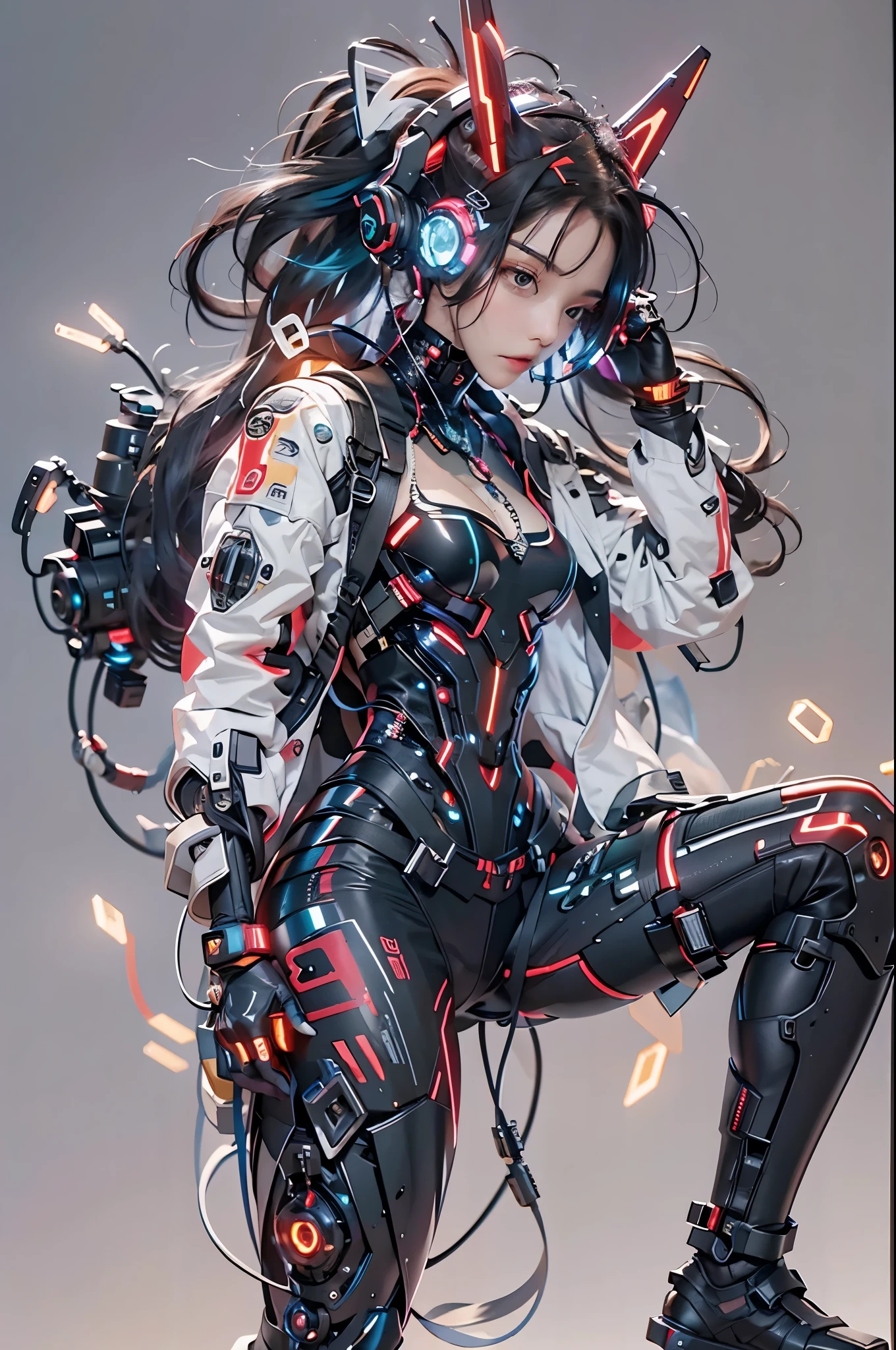 best quality,masterpiece,16k,1girl,Cyberpunk,headset,Mechanical earphones,Luminous earphones,Fragmented mechanical jewelry,Technological background,Positive close-up,Robot arm,The mechanical structure of the earpiece resembling a handgun,Slightly exposed chest,Multi light source earphones,Earphones with super complex mechanical structures,Multi light source neck protection,Emit red light,Strange shaped mechanical earphones,Super complex mechanical earphones,Black mechanical armor,Full body multiple light source points,Urban background,Multi light source background,skyscraper,night
