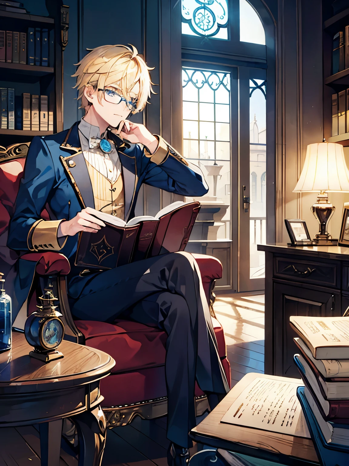 　male　Short Hair　blue eyes　Blonde　Luxury furniture　Alchemist　steampunk　Glasses　globe　Reading a book　Piles of books　flask　