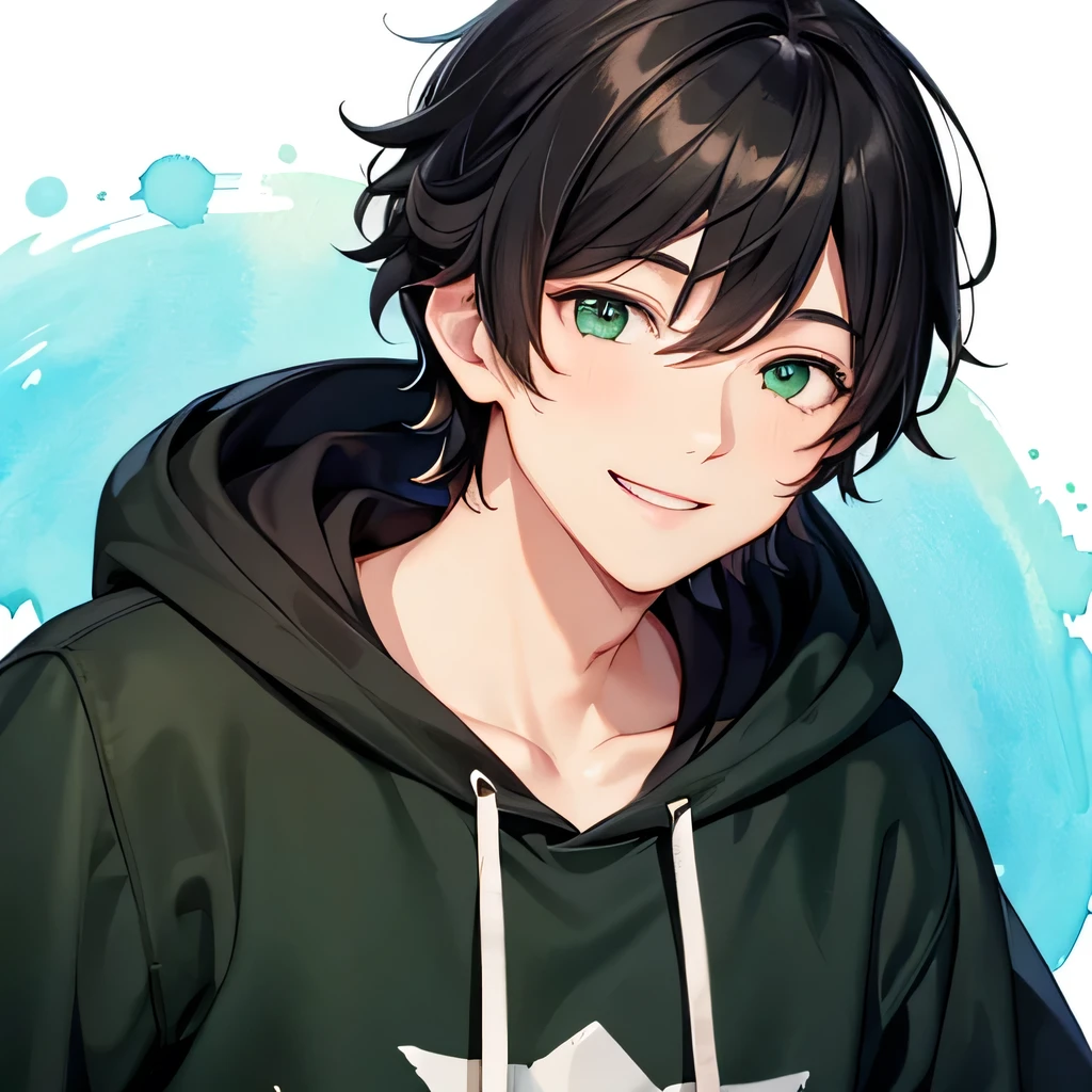 Natural Mash Hair、Black Hair、1 person、Adult man、Green Eyes、smile、smile、White hoodie、Watercolor