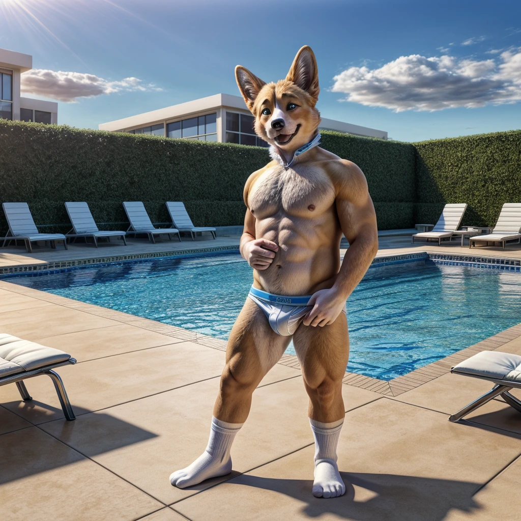 dad male corgi with small blue eyes, no eyebrows, office suit, no pants white briefs ,white ankle socks , removing shirt , highly detailed lineart, realistic feet, 4k, best quality, masterpiece, swimming pool, vivid colors, physically-based rendering, white hands five finger, hugging
