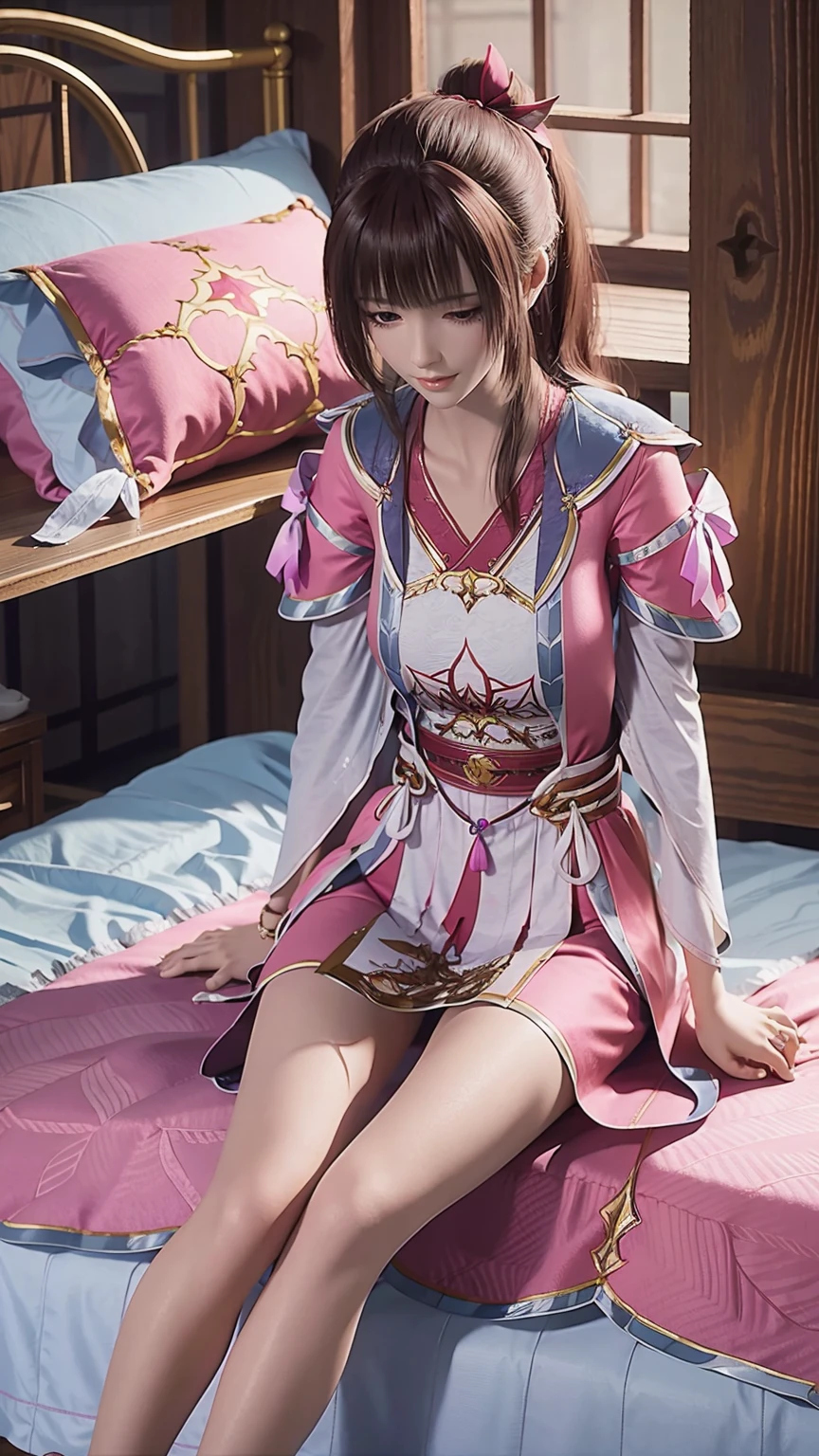 一个女孩Lying in bed，Face up，Raise your legs slightly，Front view super detailed beautiful big breasted girl . Ultra HD, 4k, 8K, Movie，whole body，Lying down，Long legs，Thin legs，Very big breasts，whole body捕捉，（（（Lying in bed））），（（（whole bodyLying in bed））），Pink bed，Off-shoulder，Shoulder-length skirt，Lying in bed，Sleeping on the pillow，Lying down，Headrest pillows，（（（平Lying in bed））），whole body平Lying in bed