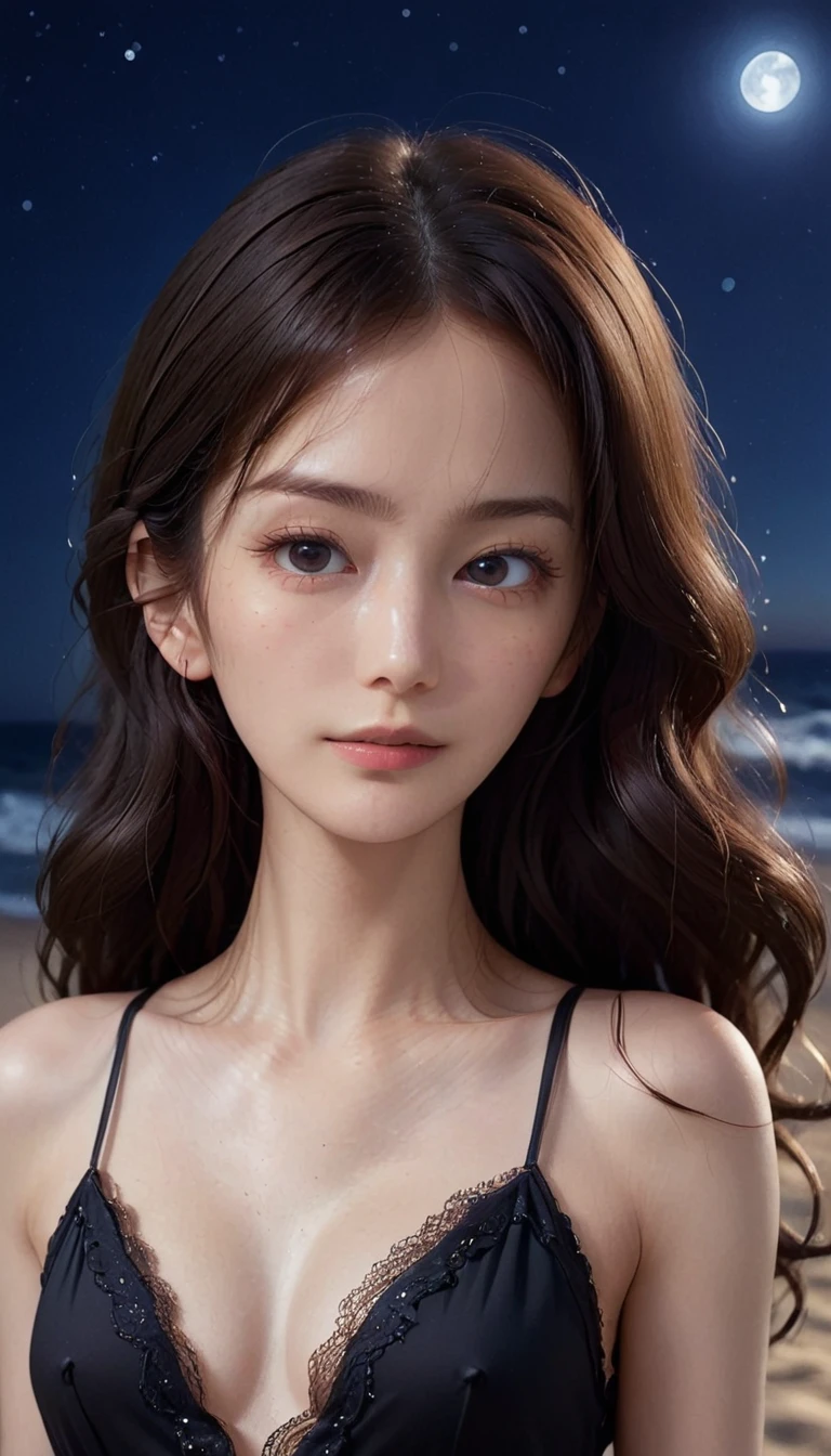 8k, masterpiece, RAW Photos, Highest quality, Realistic, Very detailed, Depth of written boundary, Cinematic Light, Anatomically correct body,
(An elegant and beautiful mature woman:1.2),
Wavy black long hair, Very beautiful face, Exquisitely detailed face, Goddess-like deity々Beautiful, Glamorous Body, Very sensitive skin, Transparent white skin, Sexy ass, Sexy thighs,
Leotard Swimsuit, Detailed cloth texture, Gorgeous necklace, Gorgeous earrings,
Starry sky background, Dark sandy beach at night, Pitch black sea surface,
Cowboy Shot,