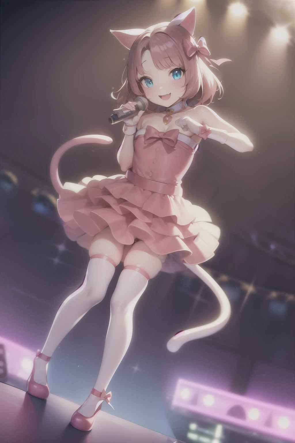 (masterpiece, best quality:1.2), moneko, pink dress, cyan bow, cat tail, 1girl, solo, smile, looking at viewer, idol, singing, stage, lights