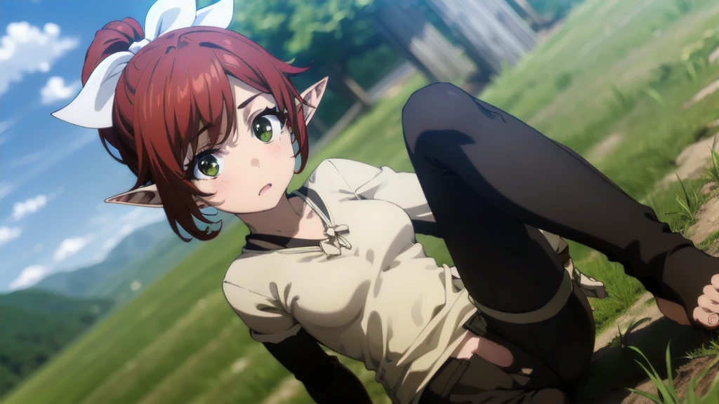 NSFW,(((1girl,1boy,sex,vaginal ))),clothed,rheafighter, rhea fighter, (green eyes:1.5), hair ribbon, ponytail, red hair, pointy ears, elf, white bow, white ribbon, ribbon,
BREAK gloves, bow, pantyhose, shorts, belt, armor, black pantyhose, fur trim, short shorts, brown gloves, toeless legwear, legwear under shorts, brown shorts,
BREAK outdoors, forest, grass, nature, sky, cloud, sun,
BREAK looking at viewer,
BREAK (masterpiece:1.2), best quality, high resolution, unity 8k wallpaper, (illustration:0.8), (beautiful detailed eyes:1.6), extremely detailed face, perfect lighting, extremely detailed CG, (perfect hands, perfect anatomy),