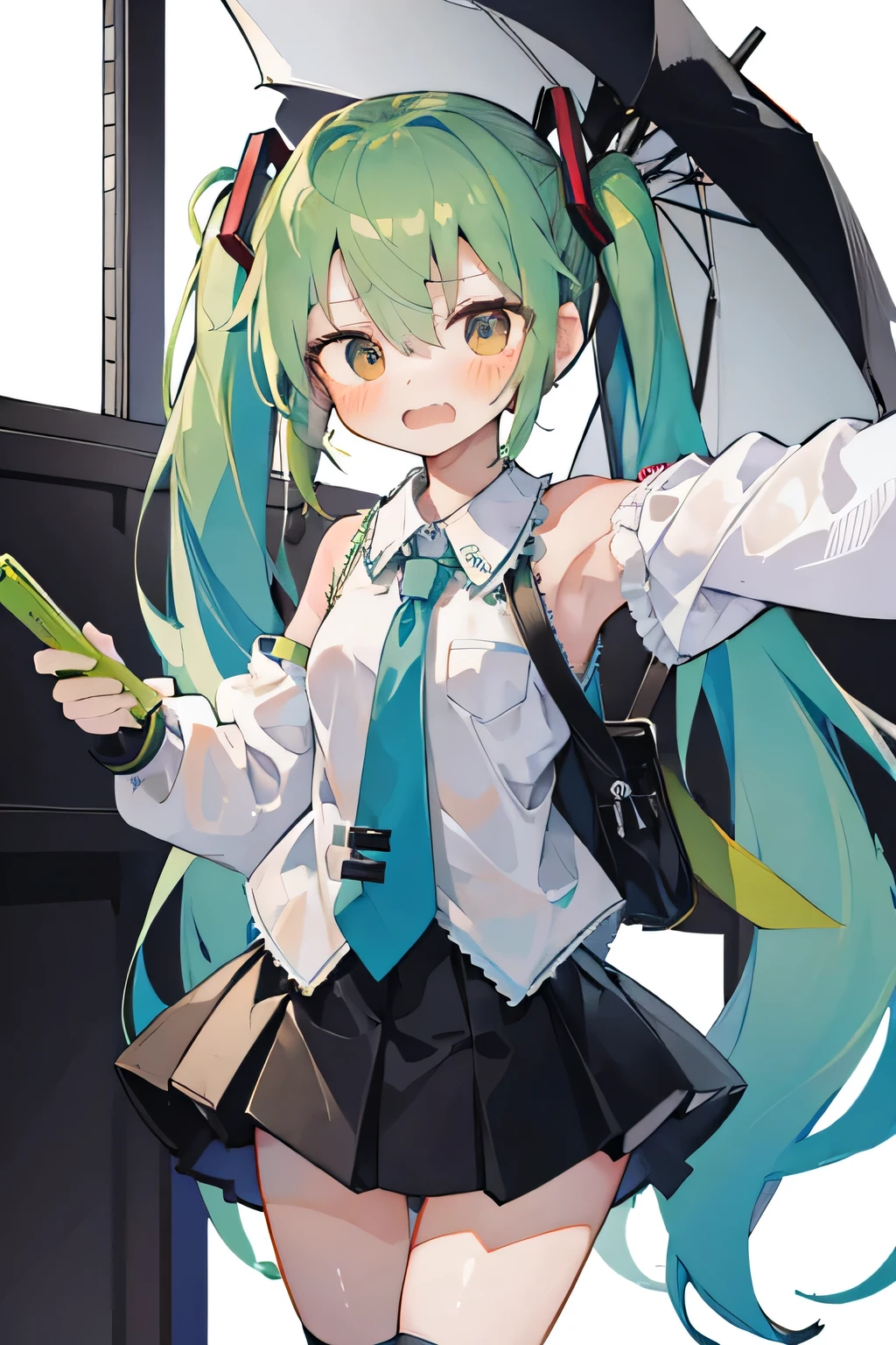 (masterpiece, Highest quality:1.3), One male , Front hair, green_hair, blush, brown_eye, bulge, Cosplay, Women, independent_sleeve, Embarrassing, eyelash, Hatsune_Miku_(Cosplay), Holding, Holding_Telephone, indoor, male_concentrated, mirror, tie, ototeeth_no_teeth, Telephone, Pleats_skirt, Selfie, shirt, skirt, No sleeve, No sleeve_shirt, alone, spring_Onion, Are standing, Sweat, Knee socks, Twin tails, umbrella, wig